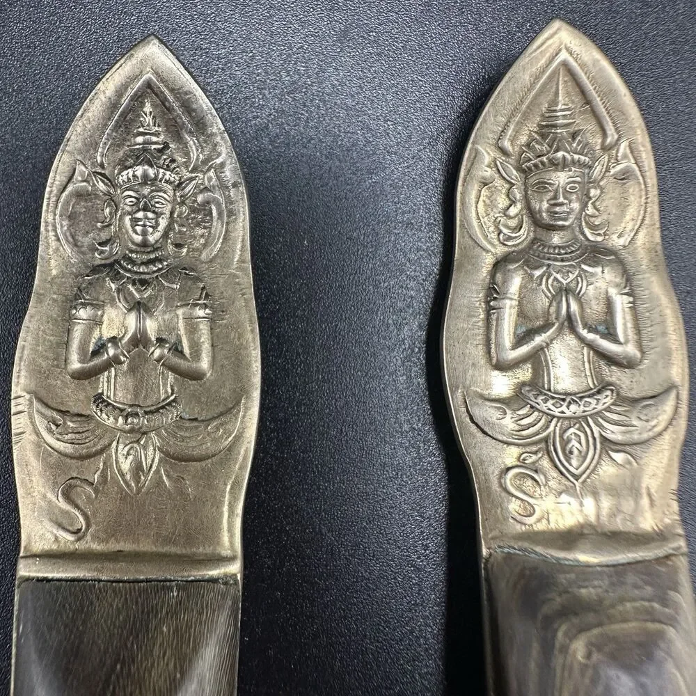 Vintage Siam Thailand Bronze Large Salad Servers Thai Goddess Wood Handles 9,5”
